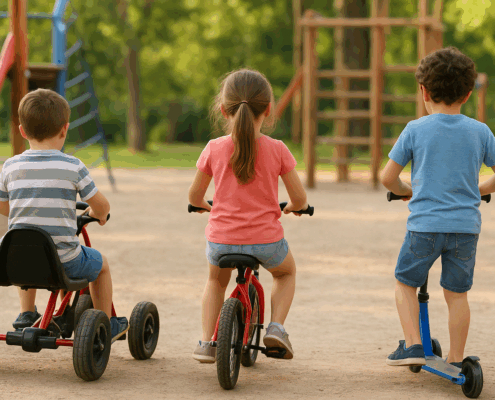 Drie kinderen spelen in een speeltuin met een fiets, skelter en een step