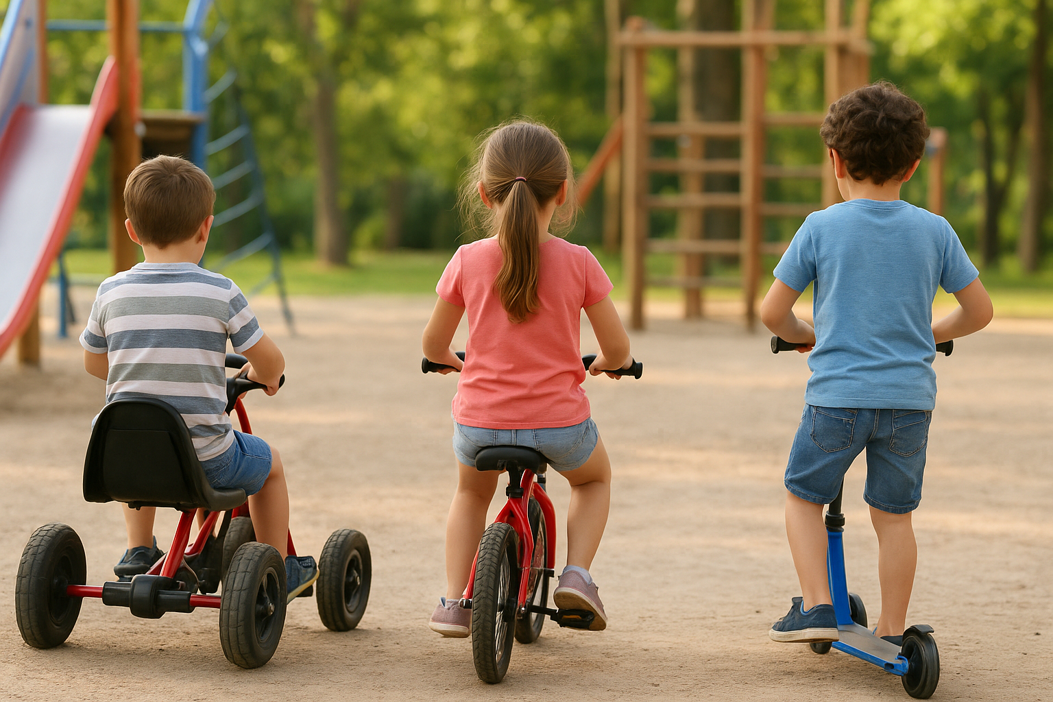 Help kinderen met een beperking lekker buitenspelen Drie kinderen spelen in een speeltuin met een fiets, skelter en een step